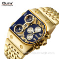 Original Golden D Shape Big Dial Watch With Chain Stainless Steel Strap Men's Quartz Watches Multi Time Zone Luxury Wristwatch